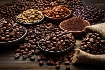 Fototapeta premium A close-up of roasted coffee beans, highlighting the rich texture and depth of color, perfect for depicting the essence of coffee