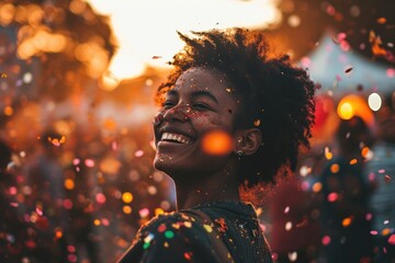 A cheerful black woman with sunglasses and a hat, covered in sparkles, laughs as she is surrounded by colorful confetti, capturing the spirit of celebration - obrazy, fototapety, plakaty