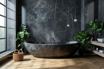 A contemporary bathroom design featuring a black freestanding bathtub, marble walls, and lush greenery by a large window, epitomizing modern luxury