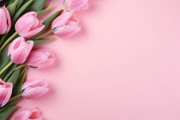 A flat lay composition of pink tulips arranged on a soft pink backdrop background