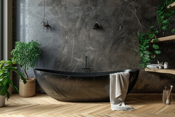 A contemporary bathroom design featuring a black freestanding bathtub, marble walls, and lush greenery by a large window, epitomizing modern luxury