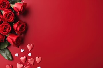 A luxurious flat lay arrangement of vivid red roses and glittering hearts on a solid color background for Valentines day - obrazy, fototapety, plakaty