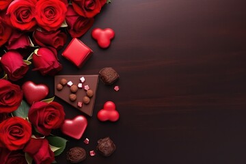 A luxurious flat lay arrangement of vivid red roses and glittering hearts on a solid color background for Valentines day