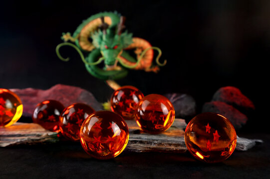 dragon ball model from Japan anime series dragonball Z display on black table with model figure of Chen Long , a powerful dragon rising from golden balls after collecting all 7 balls in figure store