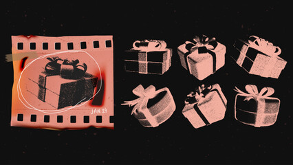 Set of vintage gift box stickers and burned filmstrip with a grainy photocopy effect for anti-design. Grunge dotted elements with stipple effect. Vector illustration.