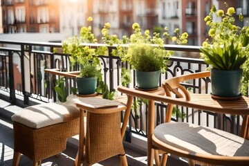 Beautiful balcony or terrace with chairs, natural material decorations and green potted flowers plants. Sunny stylish balcony home terrace with city background - obrazy, fototapety, plakaty