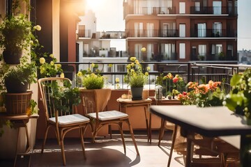 Fototapeta na wymiar Beautiful balcony or terrace with chairs, natural material decorations and green potted flowers plants. Sunny stylish balcony home terrace with city background