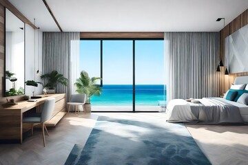 Minimalist bedroom interior with ocean sea view. Modern coastal interior. Summer, travel, vacation, dreams holiday