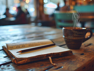Vintage Leather Journal and Pencil on Rustic Wooden Desk with Steaming Coffee Cup, Blurred People in Background - Concept of Nostalgia, Creativity, and Tranquil Coffee Break - obrazy, fototapety, plakaty