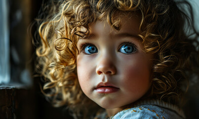 Intense Portrait of a Young Child with Curly Golden Hair and Deep Eyes, Conveying Emotion and Innocence in a Dark Ambience - Powered by Adobe