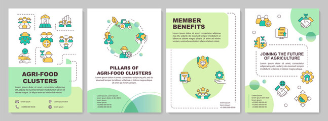 Agri-food clusters creative green gradient brochure template, leaflet design with thin linear simple icons, 4 vector layouts.