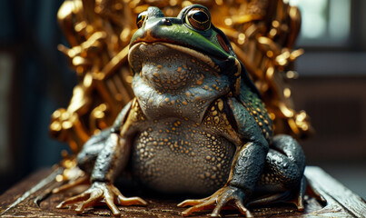 Regal Frog King Sitting on a Golden Throne, a Whimsical Concept Blending Wildlife with Monarchy and Luxury - obrazy, fototapety, plakaty