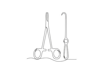 Single continuous line drawing of Surgical Instruments. Equipment for doctor examining patient heart beat condition. Medical health care service excellence concept. Modern one line draw design vector 