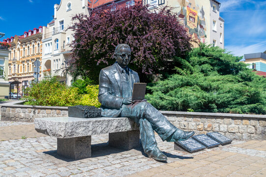 Bydgoszcz, Poland - July 9, 2023: Sculpture of citizen of Bydgoszcz, eminent mathematician, brilliant cryptographer breker of the enigma code, Marian Rejewski.