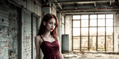 Portrait of a pretty woman in a elegant burgundy color dress with hazel brown hair and red lipstick, she is standing in an disused old warehouse room with grunge graffiti walls, bright window sunlight