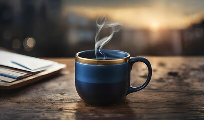 steamy coffee in a handcrafted blue  ceramic mug , warm moody and wooden atmosphere
