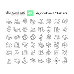 2D editable black big thin linear icons set representing agricultural clusters, isolated simple vector, linear illustration.