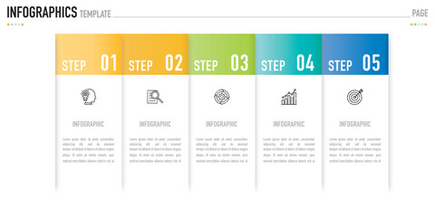 Rectangular paper origami infographic template or element with 5 step, process, option, colorful rectangle, bar, circle, button for sale slide, flowchart, workflow, agenda, web