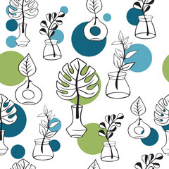 Colourful Seamless pattern with decorative flowers and leaves, Modern style. Monster branch in stylish modern vase. boho vase with single leaf.. Flower vases.