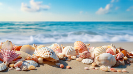 Fototapeta na wymiar Sea shells on sand summer vacation