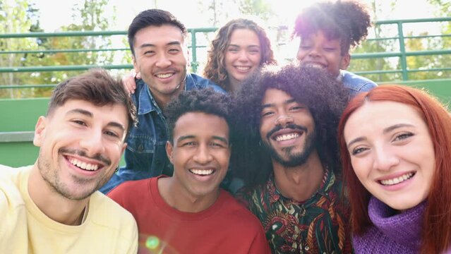 video selfie multiethnic group looking at camera