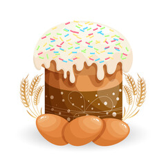 Easter cake with white icing and sprinkles and Easter eggs. Easter illustration, vector