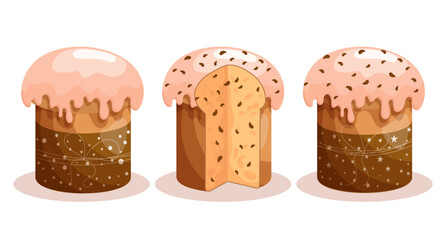 Easter cake set. Cakes with icing, whole and sliced. Easter icons, decor elements, vector