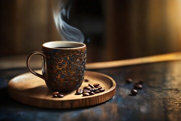 steamy coffee in a handcrafted ceramic cup , warm moody atmosphere