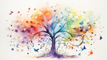Obraz na płótnie Canvas watercolor illustration of tree with musical notes for audio media concepts and designs musical notes. Musical Tree.