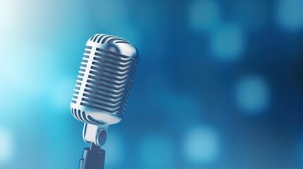 single silver retro microphone blue background. Microphone with stage lights background