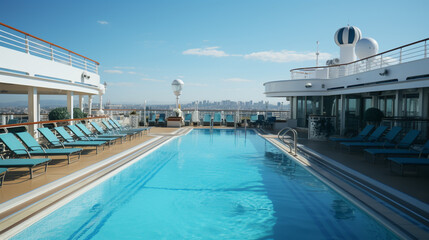 View of top deck of cruise ship with luxurious pools and spa facilities.