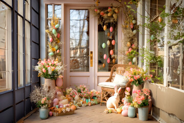 Porch of a house with a beautiful door decorated for Easter with flowers, eggs and bunnies, Easter card - obrazy, fototapety, plakaty