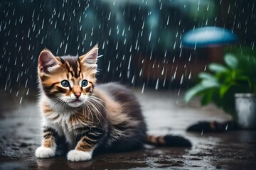 Sad abandoned hungry kitten sitting in the street under rain. Dirty little stray kitty cat outdoors. Pets adoption, shelter, rescue, help for pets - obrazy, fototapety, plakaty