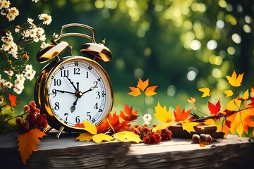 Daylight saving time ends. Alarm clock on beautiful nature background with summer flowers and autumn leaves. Summer time end and fall season coming. Clock turn backward to winter time. Autumn equinox - obrazy, fototapety, plakaty