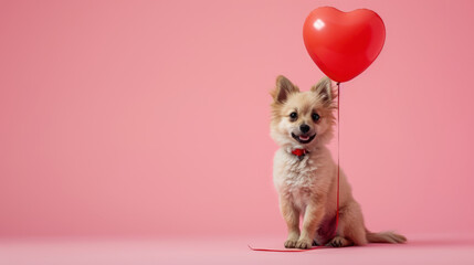 Cute puppy with a red heart-shaped balloon on a pink background with copy space. Background for...