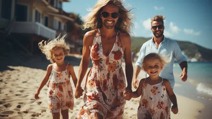  Cheerful young family running on the beach with copy space. Playful casual family enjoying. © alexkich