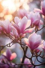 Beautiful pink blooming Magnolia tree flowers in spring