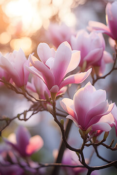 Fototapeta Beautiful pink blooming Magnolia tree flowers in spring