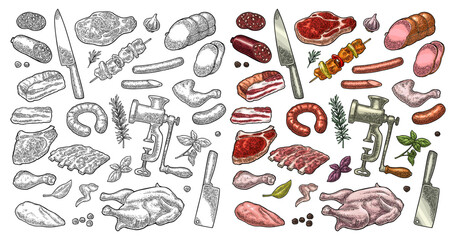 Set meat products and kitchen equipment. Brisket, sausage, meat grinder, steak, chicken leg, knife, ribs, basil, thyme. Vintage color vector engraving illustration. Isolated on white background.