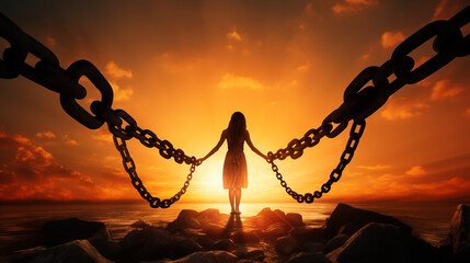 Person with broken chains at the time of the sunrise . vintage concept - obrazy, fototapety, plakaty