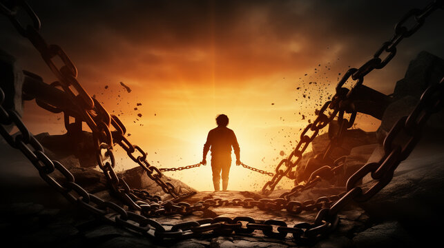 Person with broken chains at the time of the sunrise . vintage concept