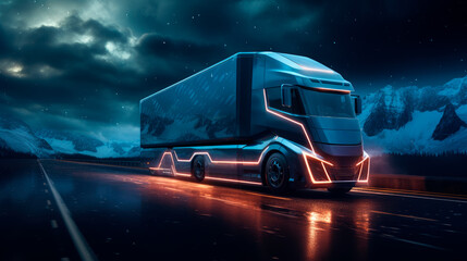 Futuristic technology concept.Autonomous  truck with cargo trailer drives at night on the road.