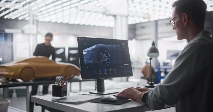 Team of Young Specialists Working in Design Agency, Developing a Prototype Model for a Car Manufacturer. Automotive Designer Using 3D Software on Computer, Modeler Creating a Clay Model of the Car