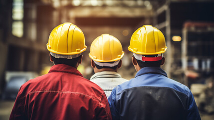 workers helmets at the factory, view from the back, group of workers, change of workers in the factory