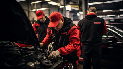 Fototapeta premium Auto mechanic working on car engine in mechanics garage. Repair service. authentic close-up shot