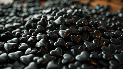 Black stone hearts on the table. Close-up. Background for design.