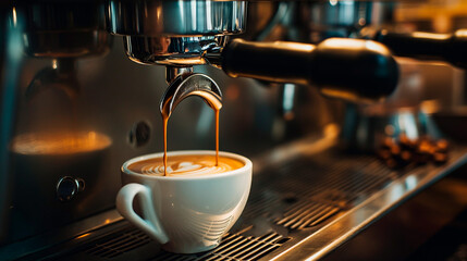 Eine Tasse Kaffee unter einer Kaffeemaschine, genuß, köstlich, generative AI - obrazy, fototapety, plakaty