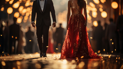 Celebrity couple. Fashionable pair of elegant people.