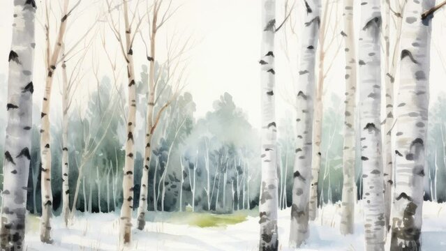 Birch trees in the forest watercolor. winter spring snow png like style - Created using AI Generative Technology