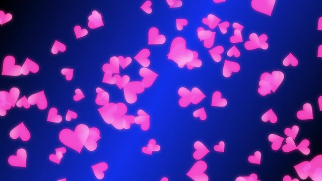 Abstract background footage with transparent pink heart spinning and falling on blue background. For Happy Valentine's day and wedding ceremony.